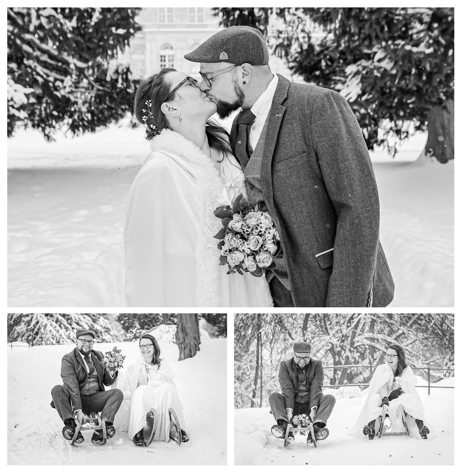 Schwarzweiss Collage vom küssenden Brautpaar, Hochzeitsfotograf Sömmerda